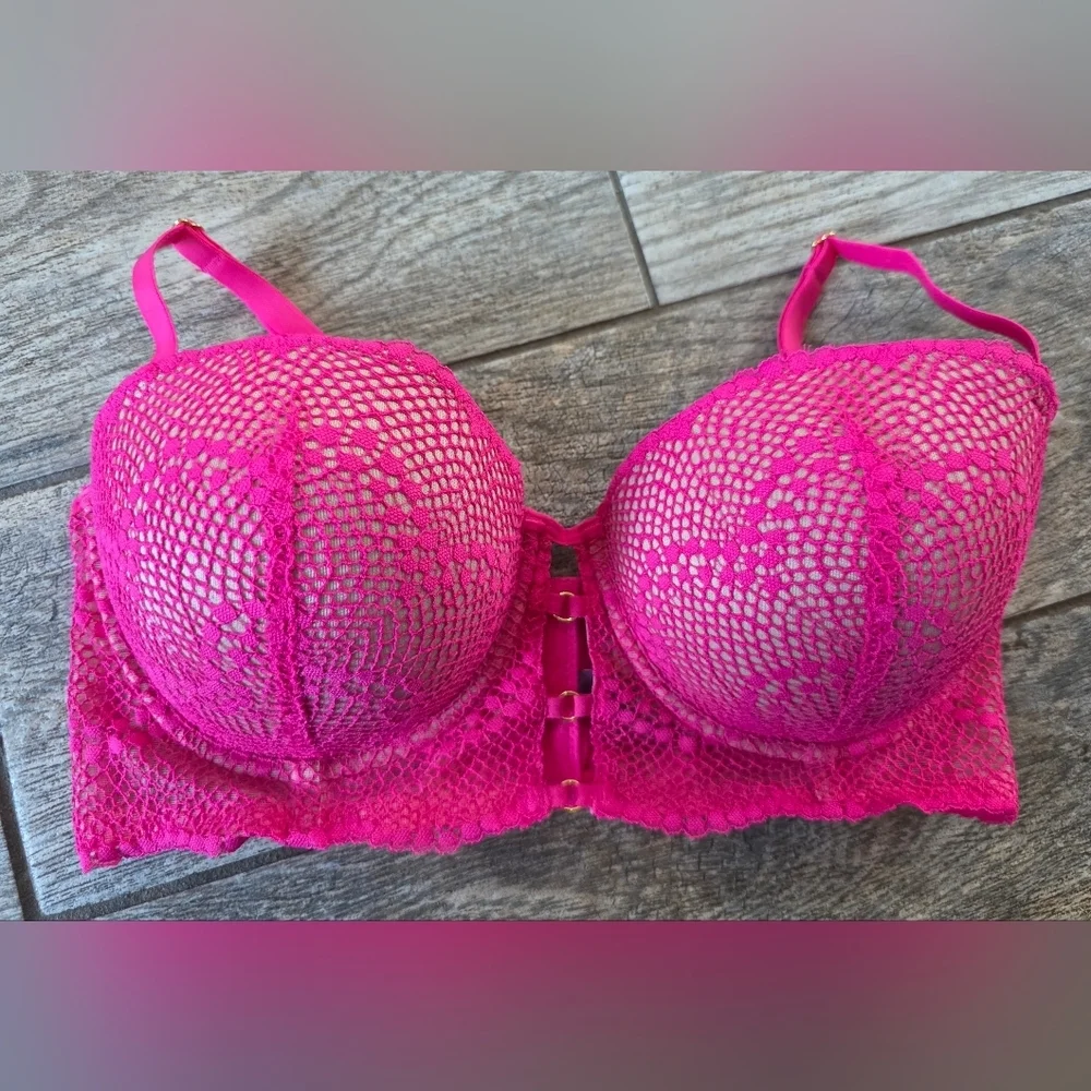 Adored By Adore Me Vibrant Pink Lace Push Up Bustier Bra Sz 36d