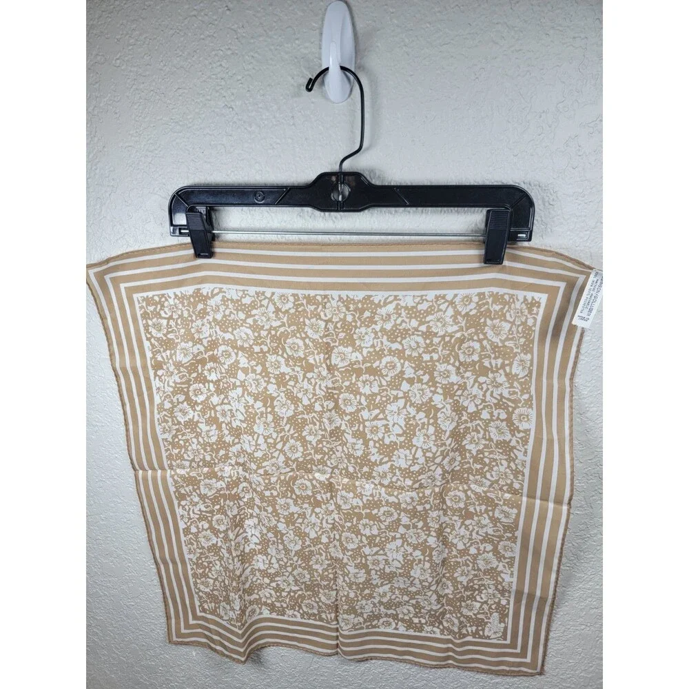 Robinson Golluber Vintage Scarf Tan White Floral Square Japan Polyester 20”
