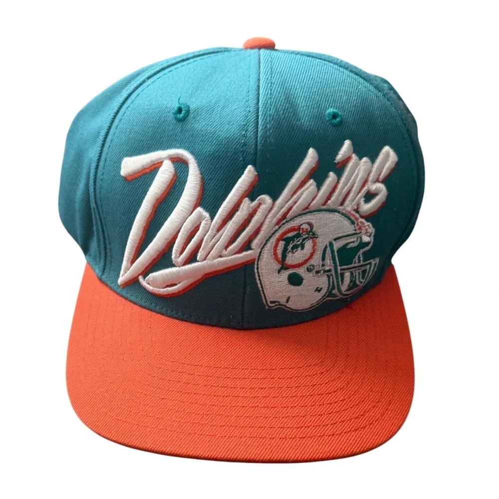 Mitchell Ness Miami Dolphins NFL Snapback Hat Teal Orange Script Logo Helmet Men