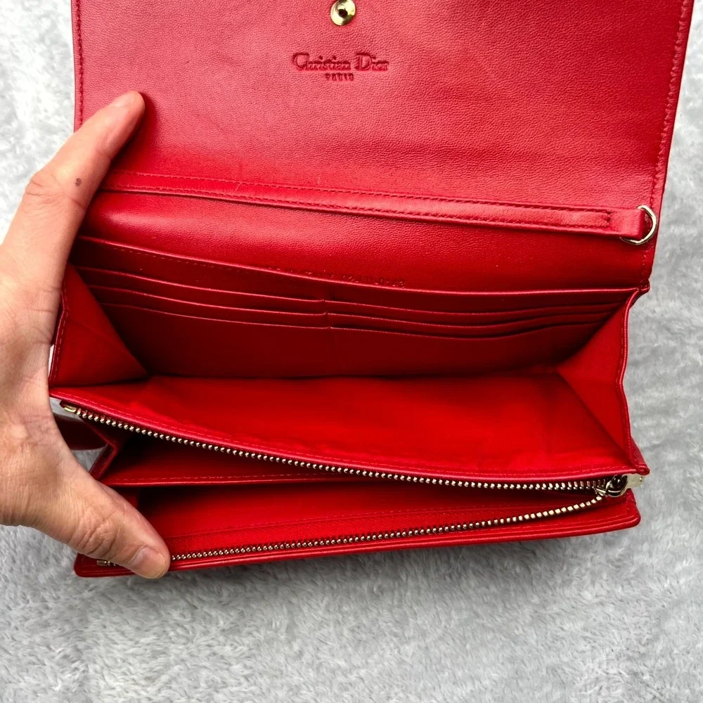 Christian Dior Lady Dior Women Wallet‎ Red Cannage Leather Without Strap Quilted