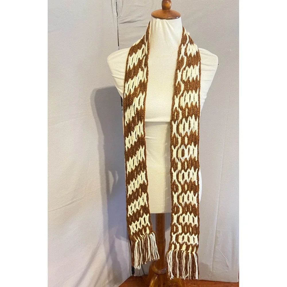 Vintage Inspired Handmade Geometric Mod Skinny Fringe‎ Scarf 70s boho