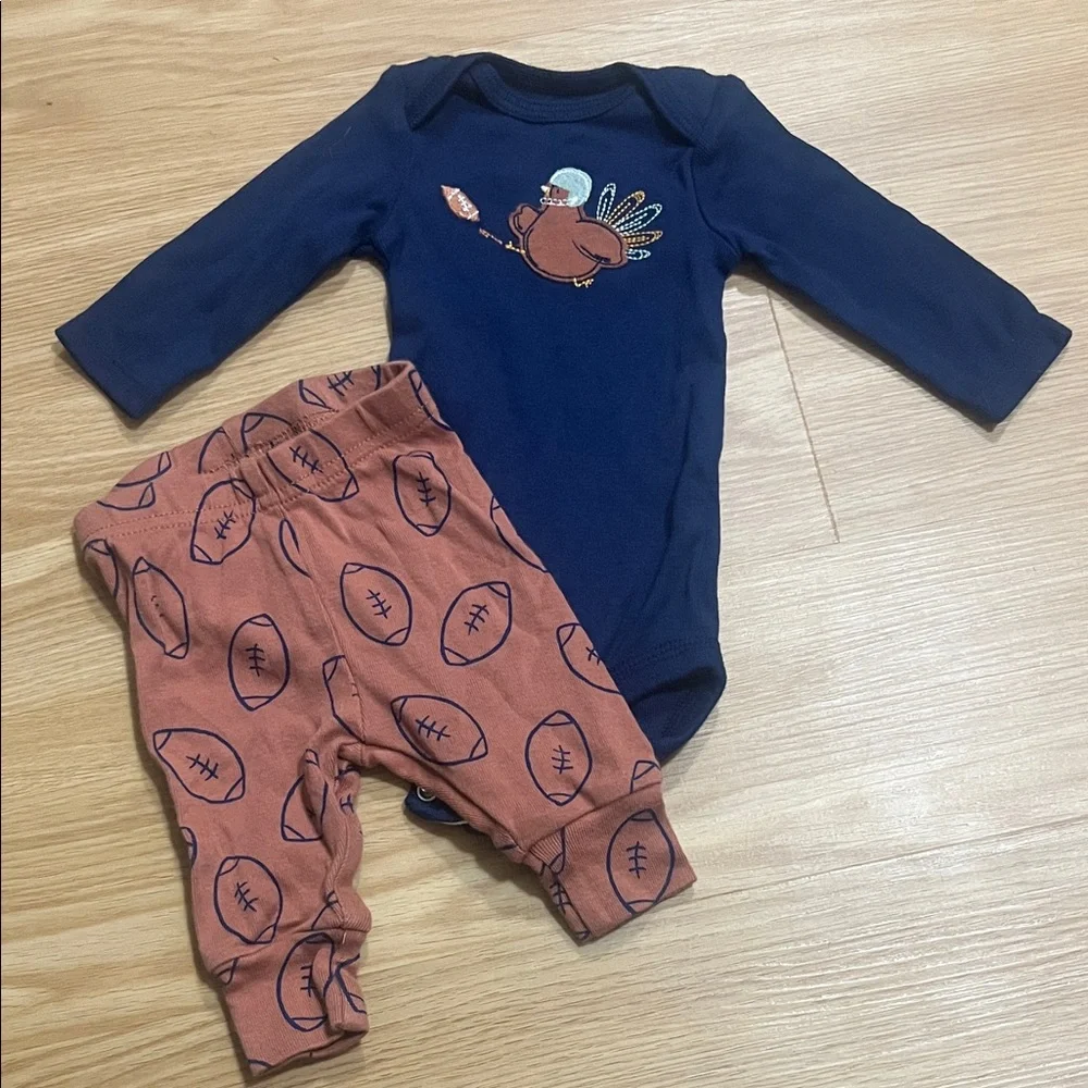 Carter's Navy and Brown Thanksgiving Football Two Piece Bodysuit Set Newborn‎