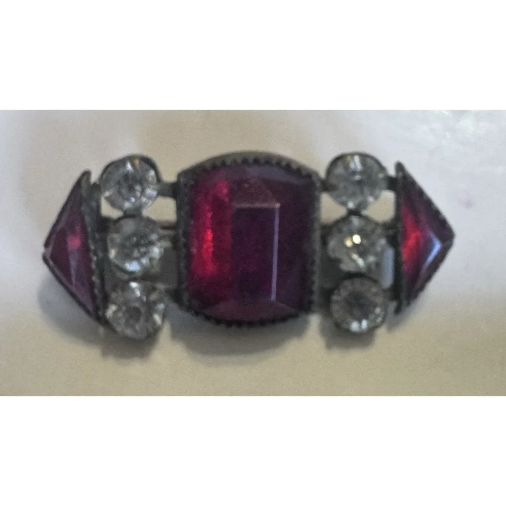 Antique Art Deco Red‎ Glass Clear Rhinestones Silvered Brass Bar Brooch Pin