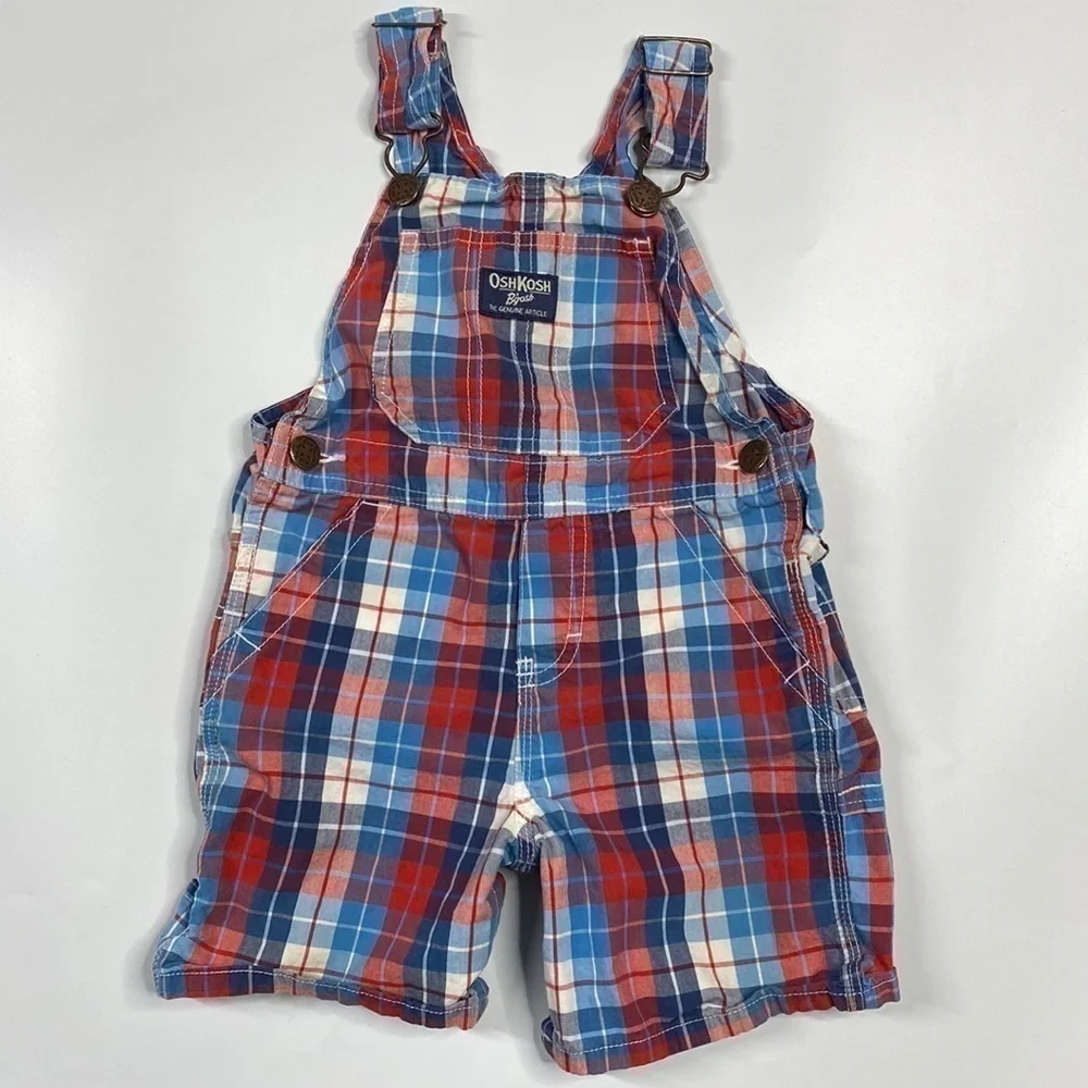OshKosh B'gosh Vestback Plaid Cotton Shortalls Red White Blue Size 24 Months