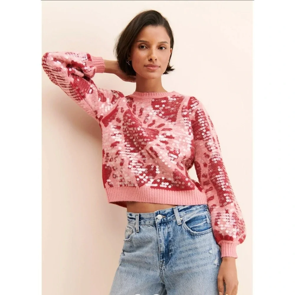 Farm Rio Sequin Hearts Knit‎ Sweater Small Pink Red Wool Blend Love Puff Sleeves