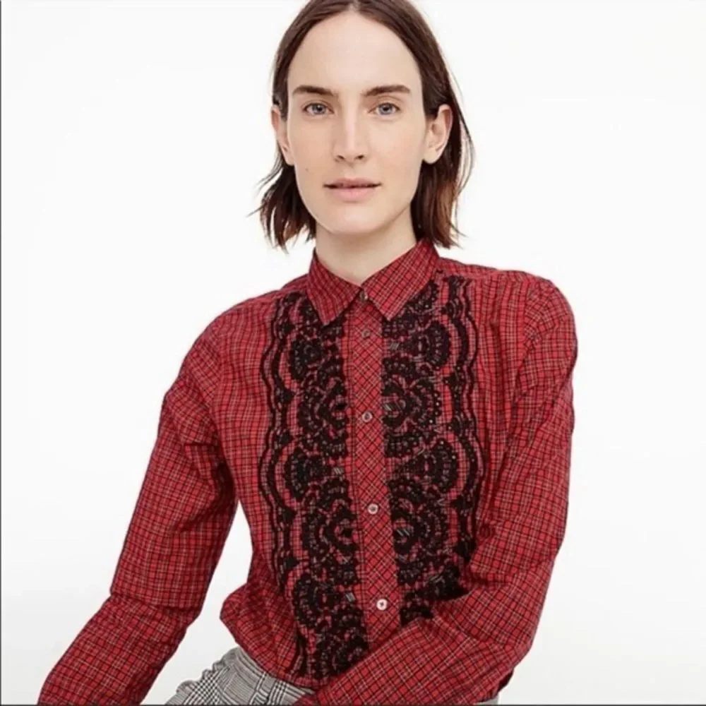 J. Crew Red and Black Plaid Shirt with Beaded Embroidery Size 8