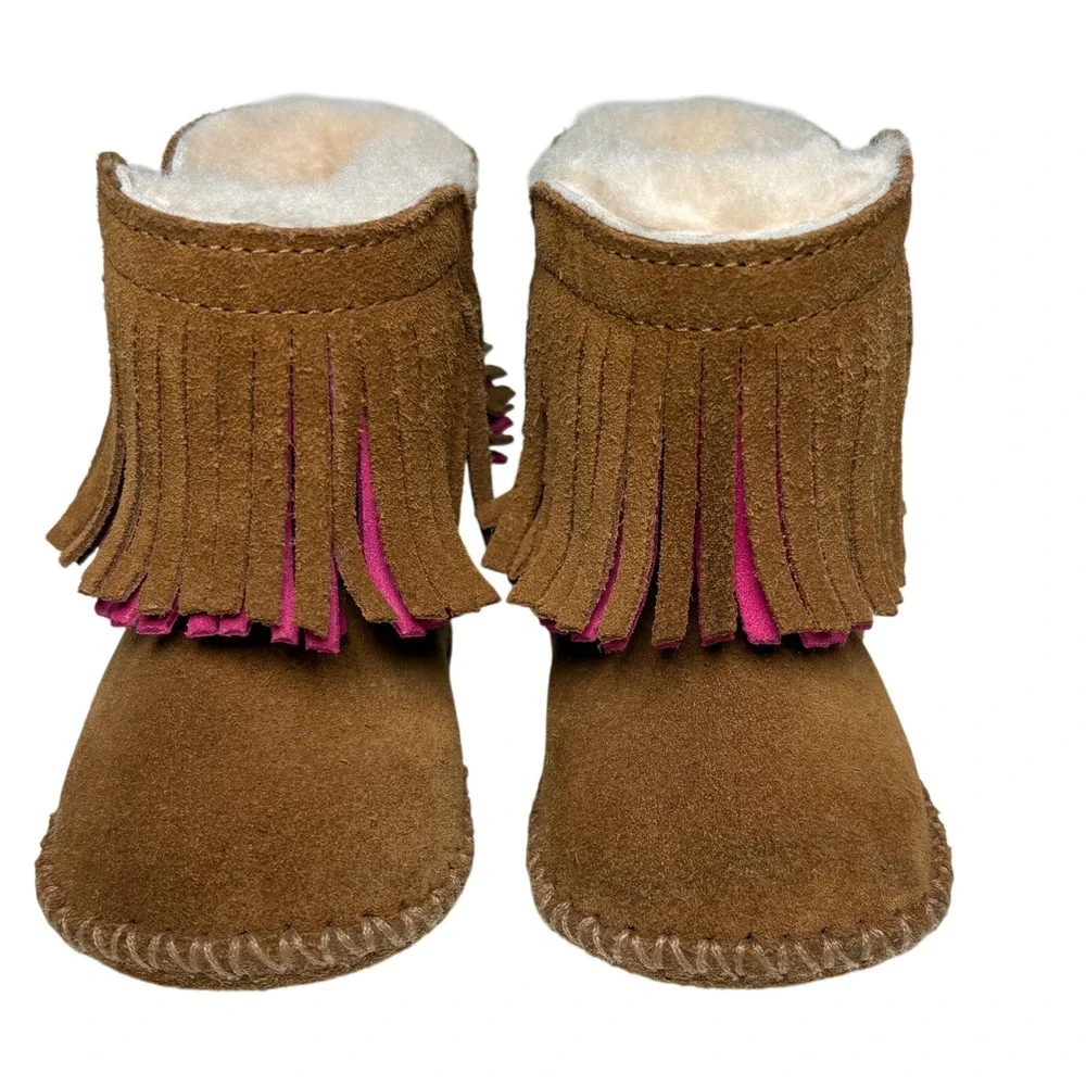 UGG Boots 2/3‎ infant Chestnut Pink Fringe Suede Sheepskin Booties branyn