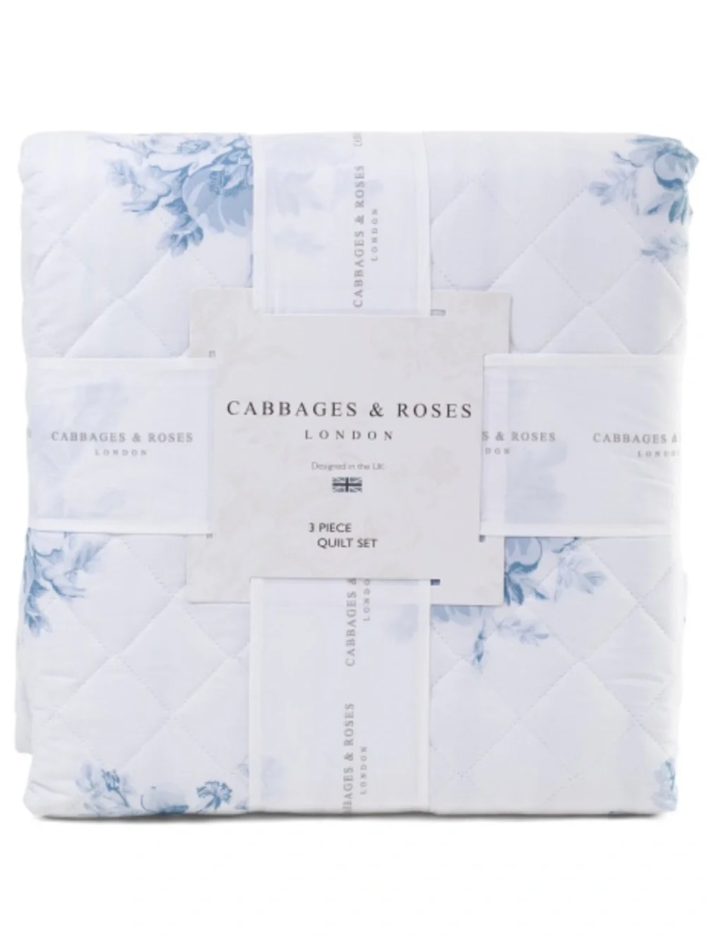 CABBAGES & ROSES White and Light Blue Floral Quilt Set