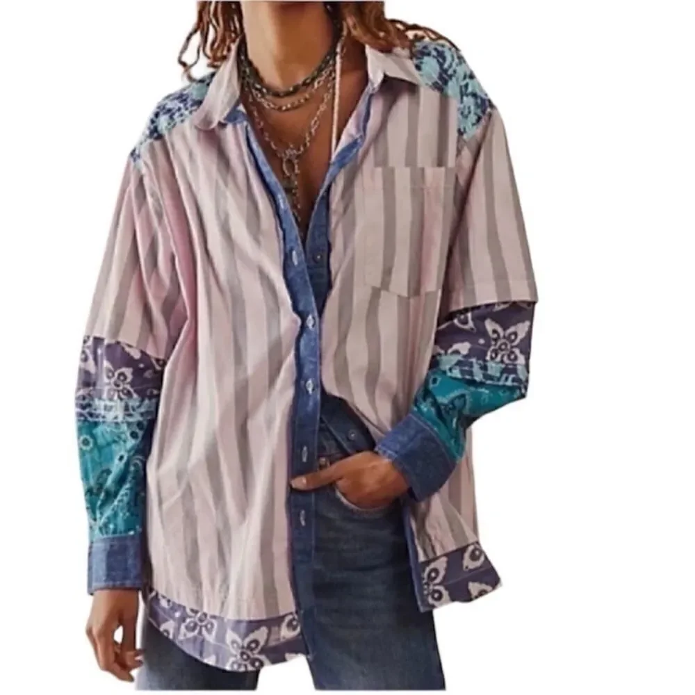 Free People Floral Print Oversized Shirt Top (Size Small)
