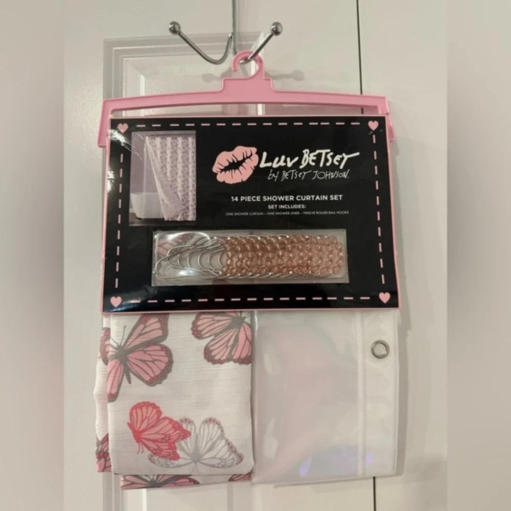 Betsey Johnson Pink and White Butterfly Shower Curtain Set NWT
