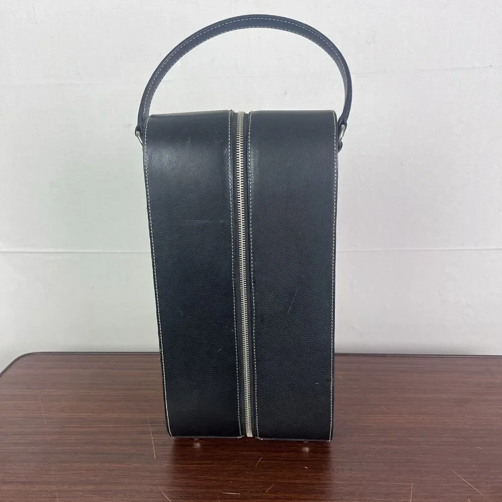 VTG Fossil Leather 2 Bottles Wine Travel Bag Case Leather Purse Handle Zipper‎