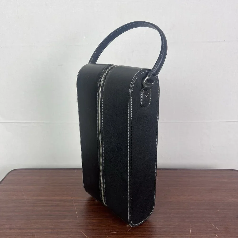 VTG Fossil Leather 2 Bottles Wine Travel Bag Case Leather Purse Handle Zipper‎