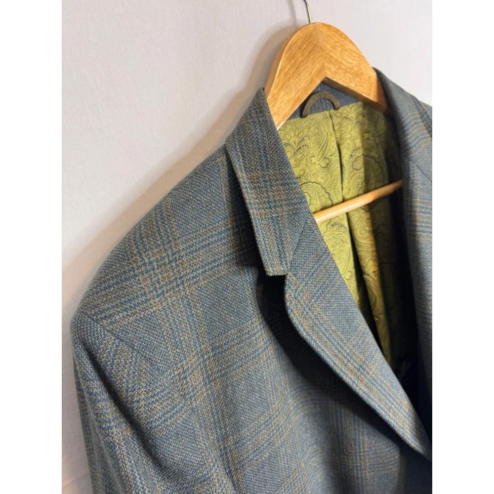 Vintage Beau Marc Saxony Tweed Wool Blazer Blue Plaid Sport Coat Made in England