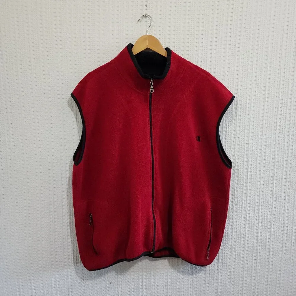 Vintage 90s Champion Red Fleece Vest Full Zip Pockets Mens Size XL Gorpcore