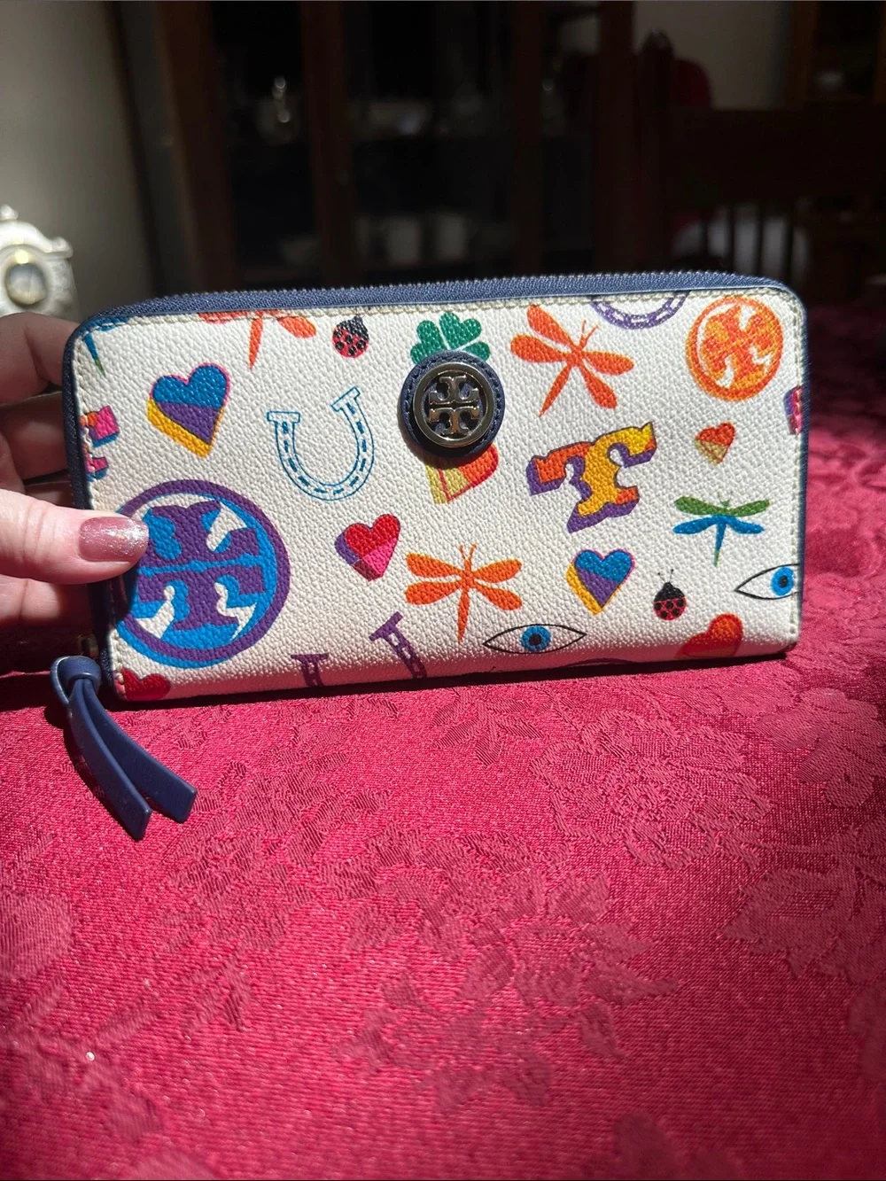 Tory Burch Cream & Navy Kerrington Limited Edition Long Zip Wallet