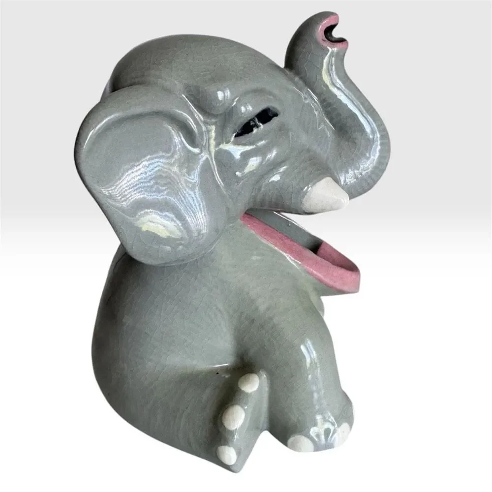 Vintage Mid-Century Ceramic Elephant Ashtray Trinket Novelty Decor Signed Alex