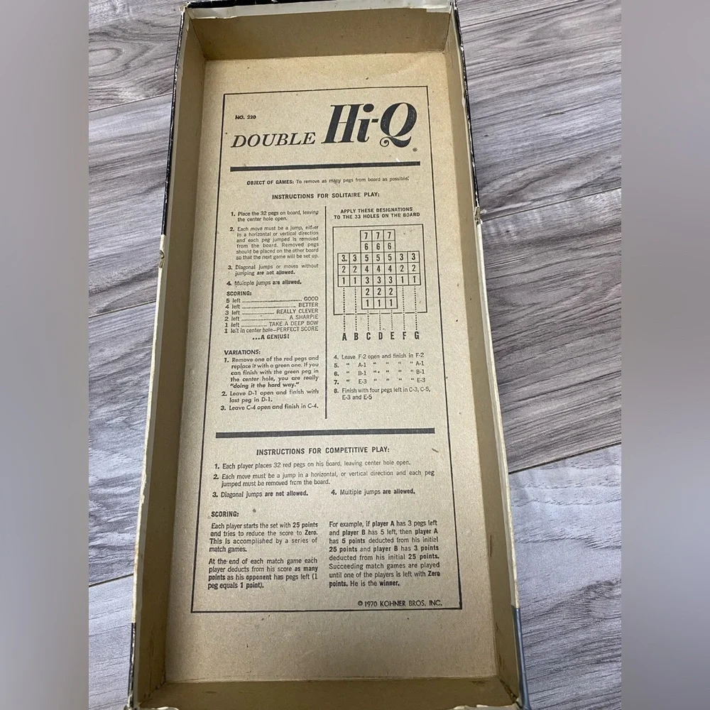1975 Kohner DOUBLE HI-Q Game 2 Player Complete OG BOX Vintage No. 220 Solitaire