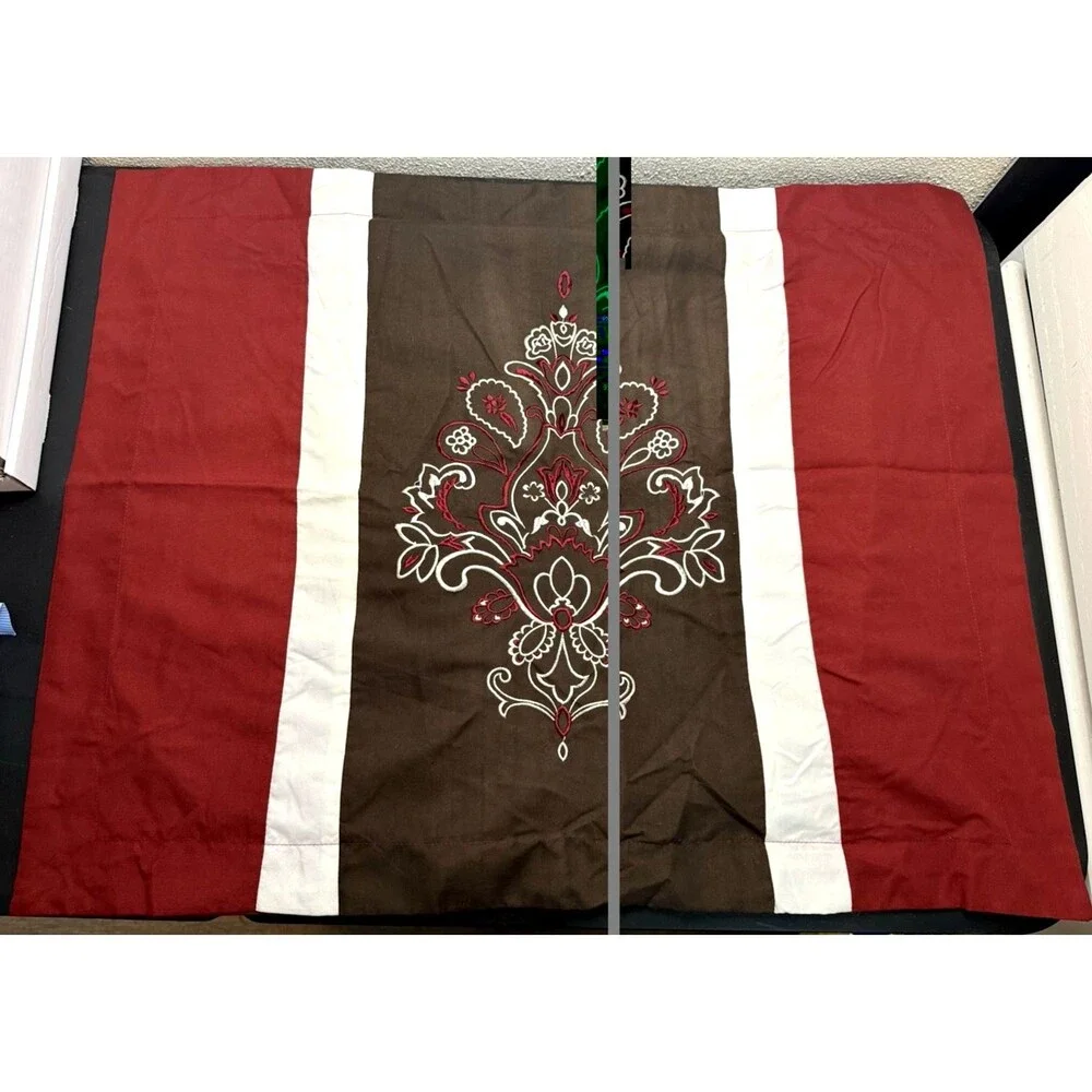 Pair (2) Brown Red White Embroidered Baroque-Style Damask Design Shams 32