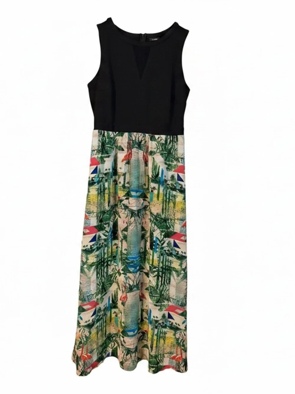 Nicole Tropical Flamingo Print Black Bodice Sheer Panel Sleeveless Maxi Dress