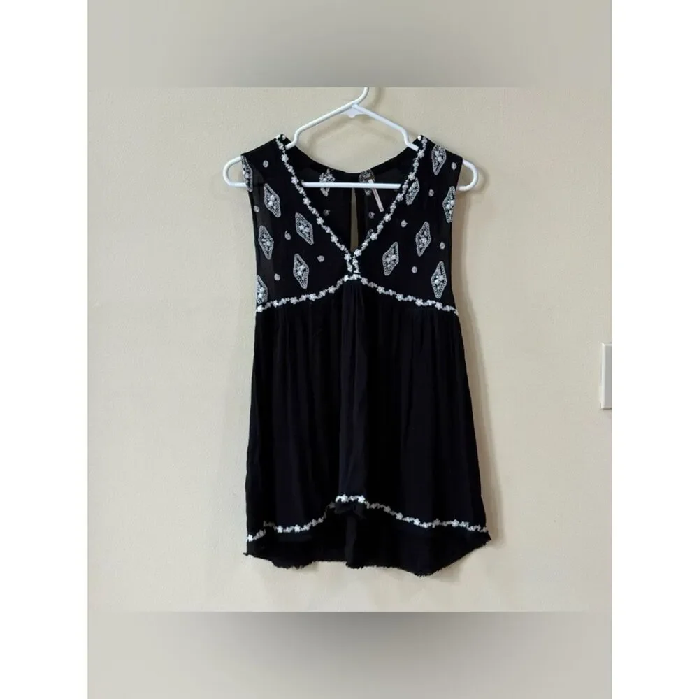 Free People black diamond embroidered sleeveless tank top