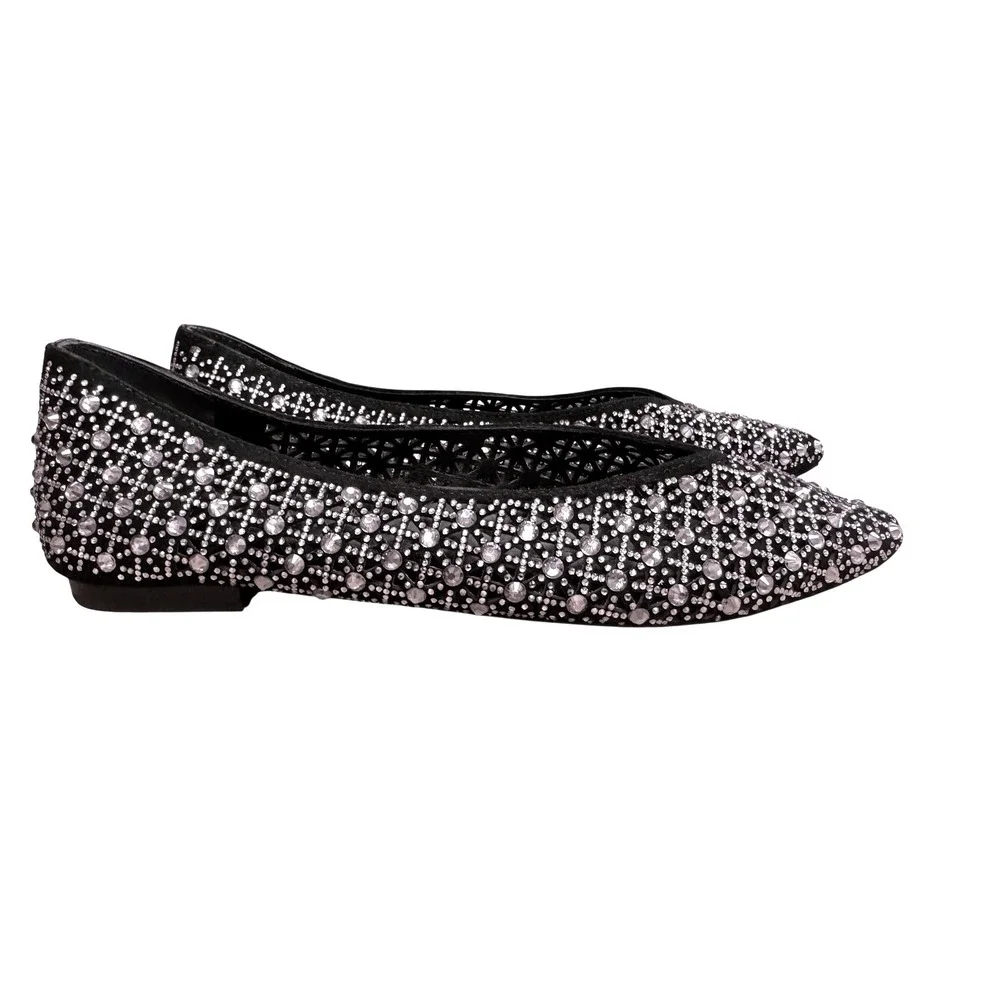 Birdies Swan Black Crystal Embellished Flats Rhinestone Leather Pointed Toe 9.5