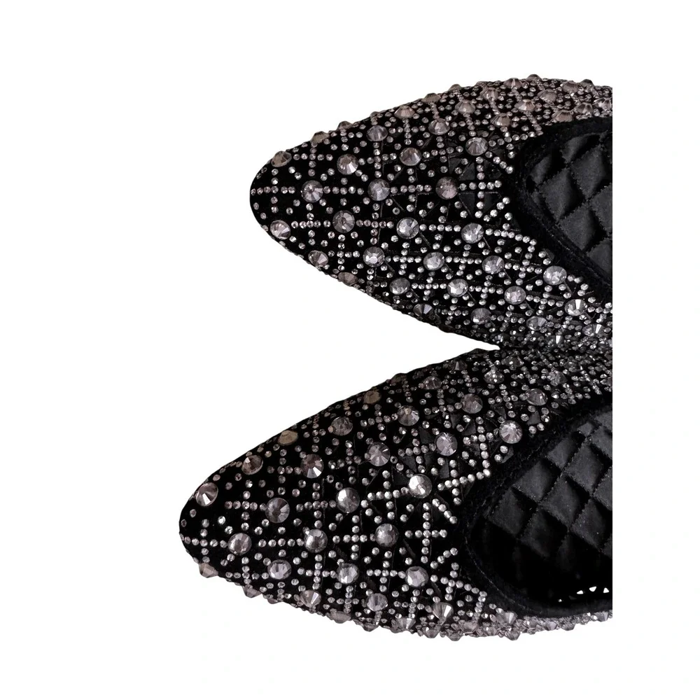 Birdies Swan Black Crystal Embellished Flats Rhinestone Leather Pointed Toe 9.5