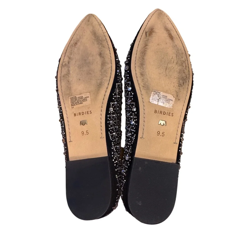 Birdies Swan Black Crystal Embellished Flats Rhinestone Leather Pointed Toe 9.5