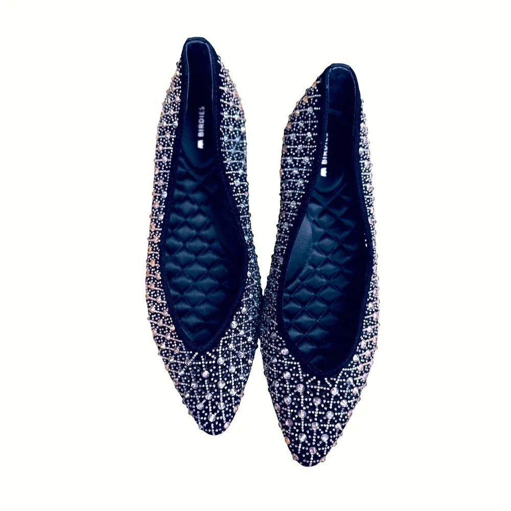 Birdies Swan Black Crystal Embellished Flats Rhinestone Leather Pointed Toe 9.5