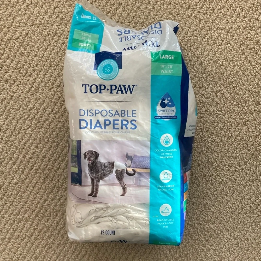TOP PAW Disposable Diapers Dogs Size Large 7 Count Leak Protection 19”-28” Waist