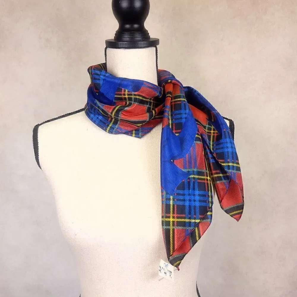 Vintage Red Blue Tartan Print Square Scarf