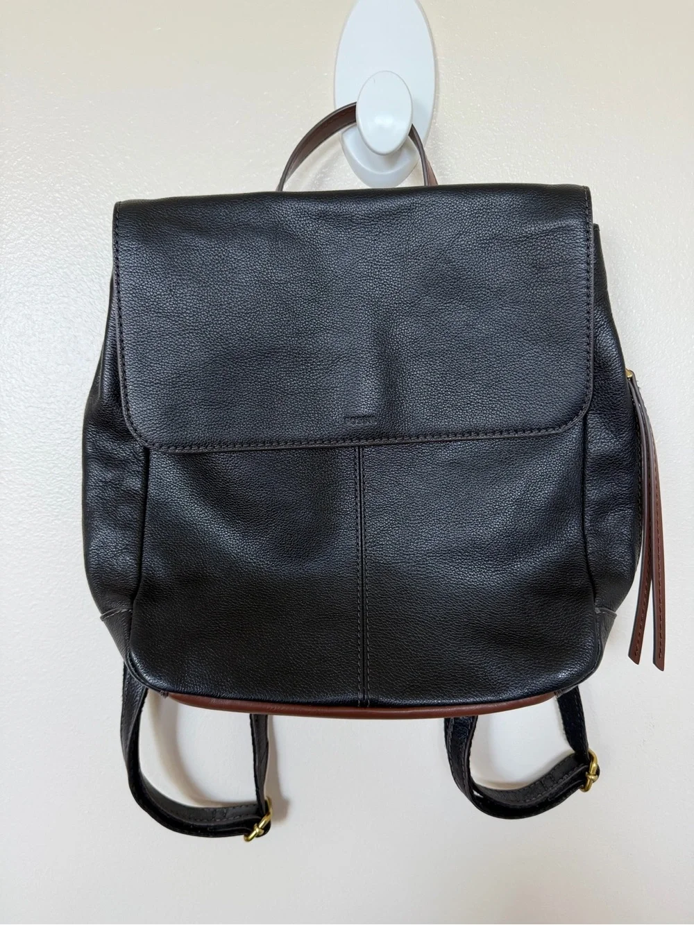 FOSSIL Black Pebbled Leather Backpack with Brown Trim