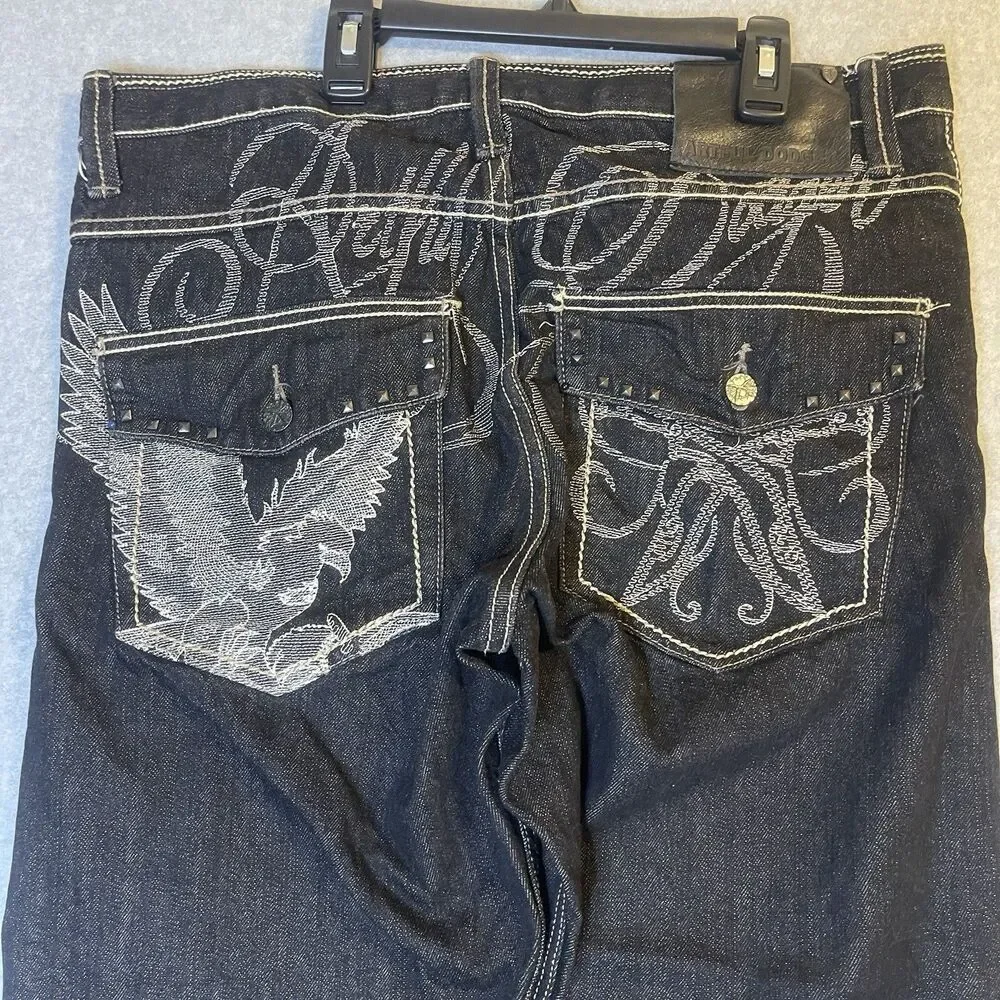 Artful Dodger Jeans Straight Black Embroidered Flap Pocket Y2K Baggy Skater