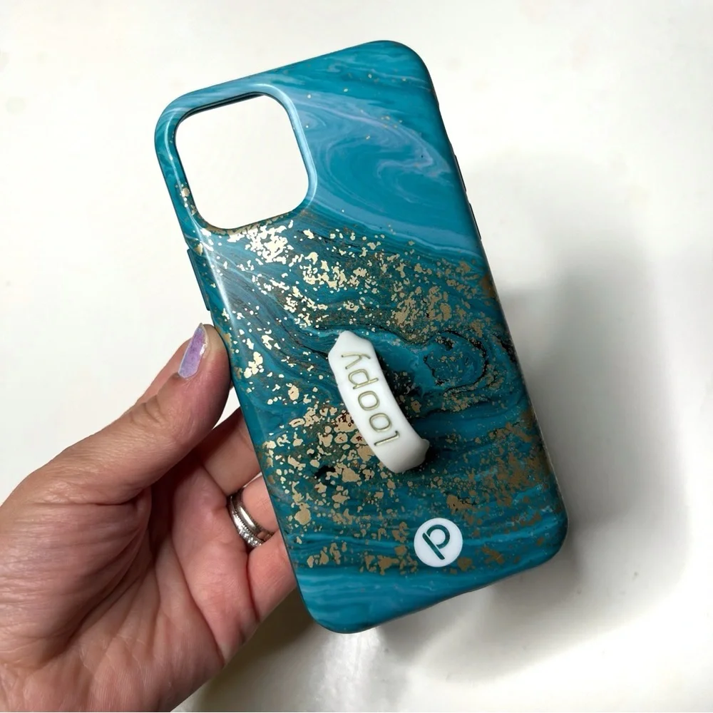 Loopy Case iPhone 11 Pro Turquoise Marble Gold Loop Right Hand Grip Case