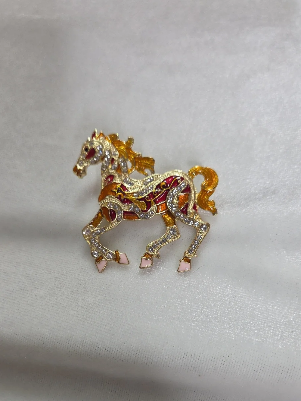 Women's Orange Red Horse Brooch Retro Style Pin Rhinestones Elegant Gold Tone
