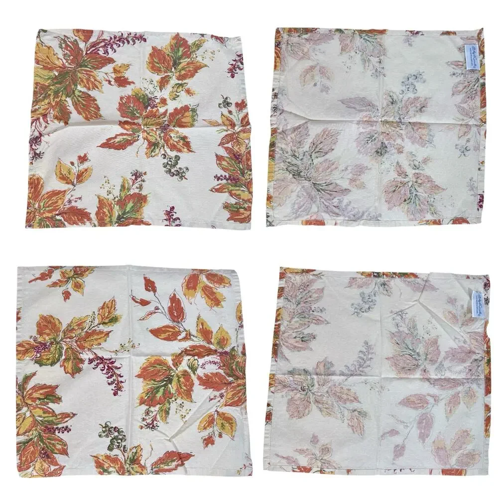 April Cornell Set 4 of Beige Fall Leaves 100% Cotton Cloth Napkins Autumn Decor