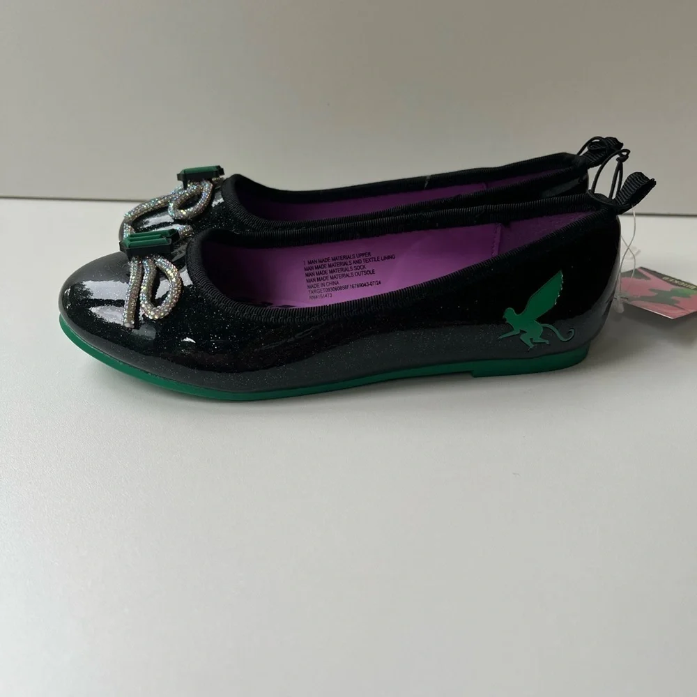 NEW Wicked Black + Purple Ballet Flats Girls Size 3 with faux diamond bow +logo
