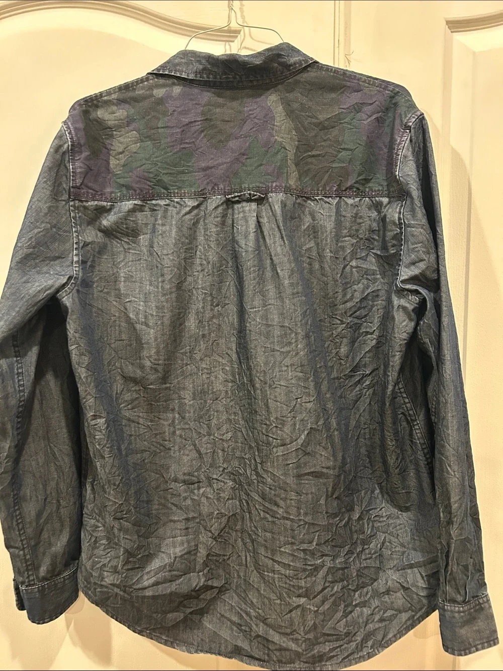 True Religion Blue Denim Shirt Jacket with Camouflage Yoke