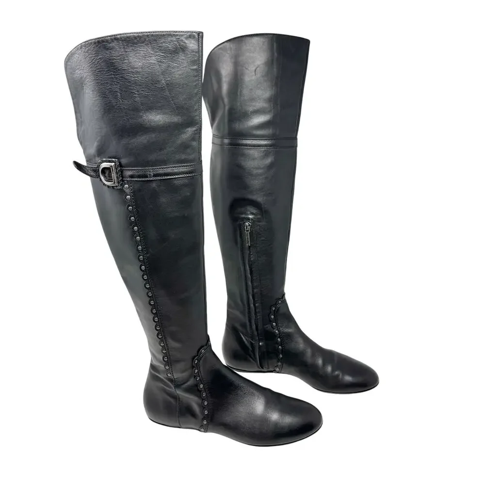 Christian Dior Galliano Ethnic Black Leather Studded OTK Boots EU 40 FW2004 Y2K