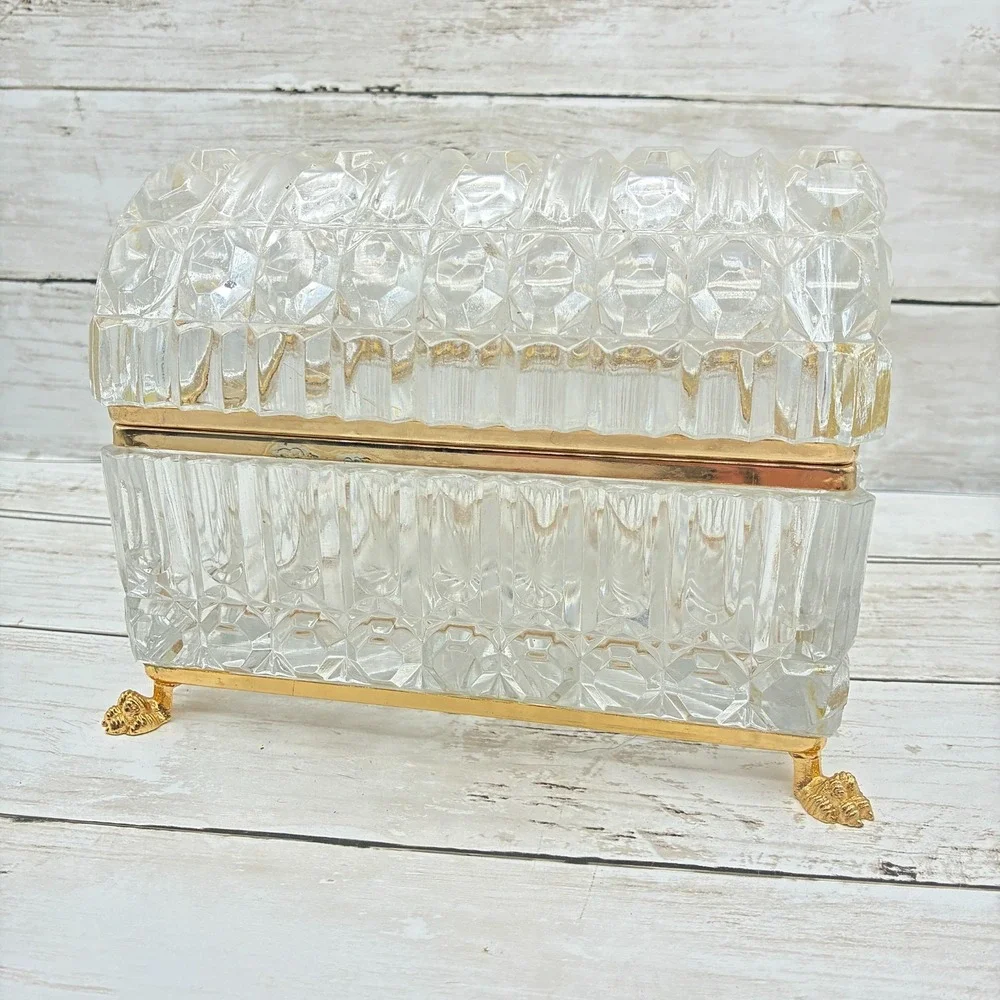 French Baccarat Style Jewelry Casket Footed Box Heavy Crystal Glass Hinged Lid