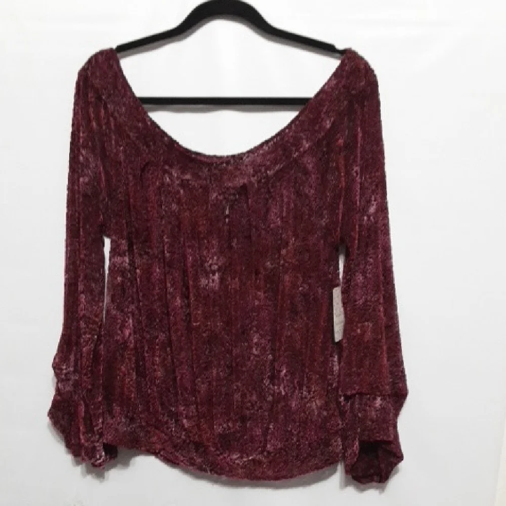 FREE‎ PEOPLE Burgundy Velvet Lace Layering Long Sleeve Burnout Top NWT