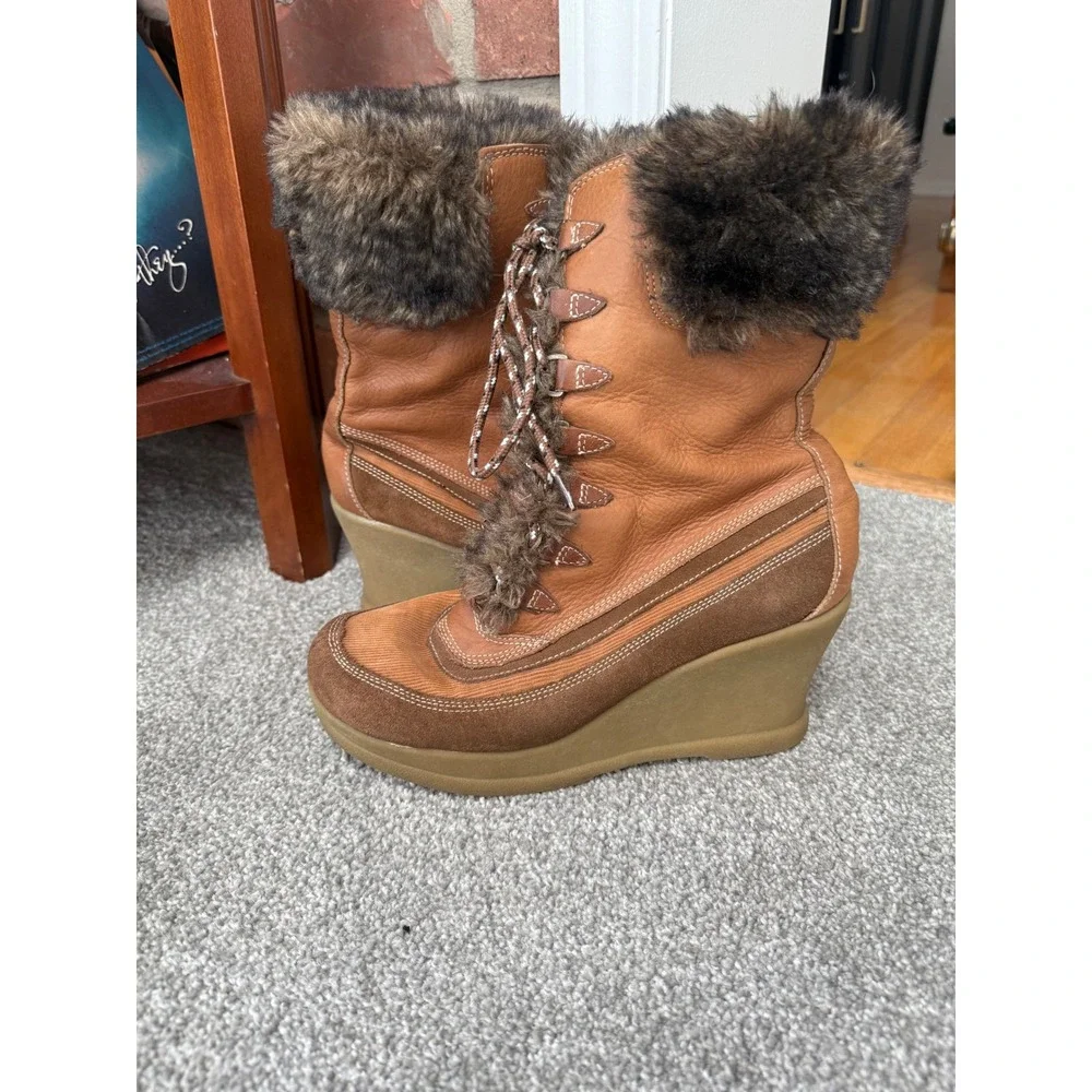 Report Y2k Chunky Boots Women's 8.5 90s Brown Corduroy Wedge Faux Fur‎ VTG
