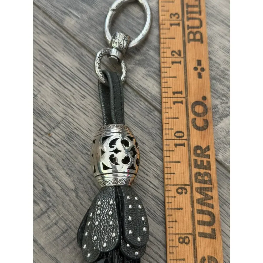 Key Chain Black Embossed Leather Braided Tasseled Silver-Tone Metal Turtle Charm