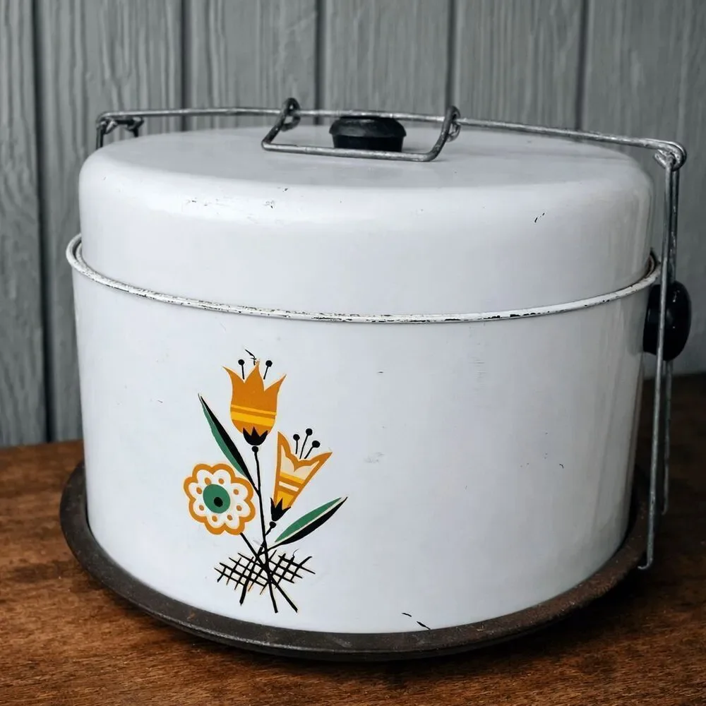VTG 50s Enamel Cake Carrier Floral Mid Century Kitchen Decor Kitsch Mod