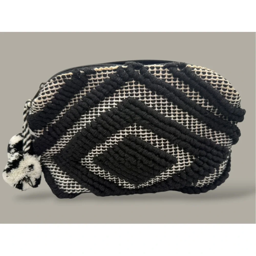Boho Black White Geometric Tufted Pouch Pom Pom Tassel Makeup Bag Clutch India