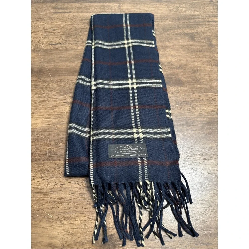 100% Cashmere Hand Tailored Navy Plaid Winter Scarf Tartan 12x60 Germany