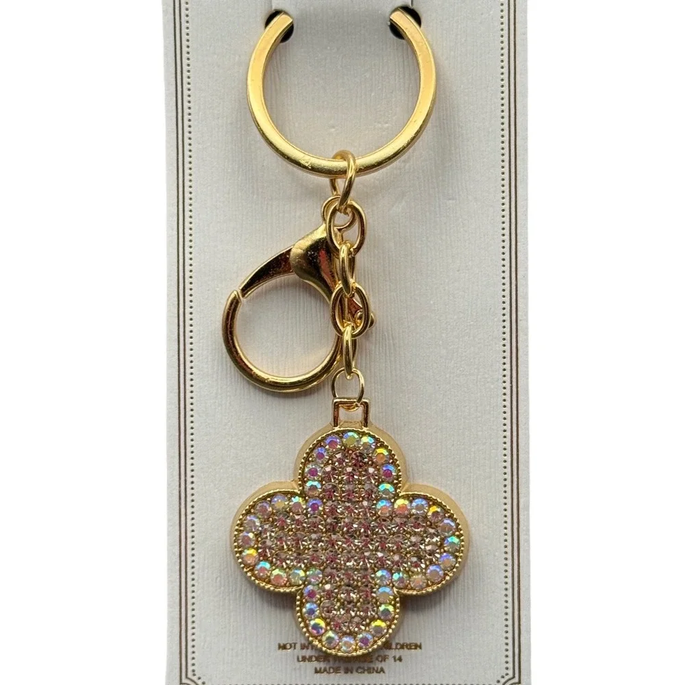 Gold Tone Rhinestone Four Leaf Clover Keychain Bag Charm Lucky Sparkly Accessory