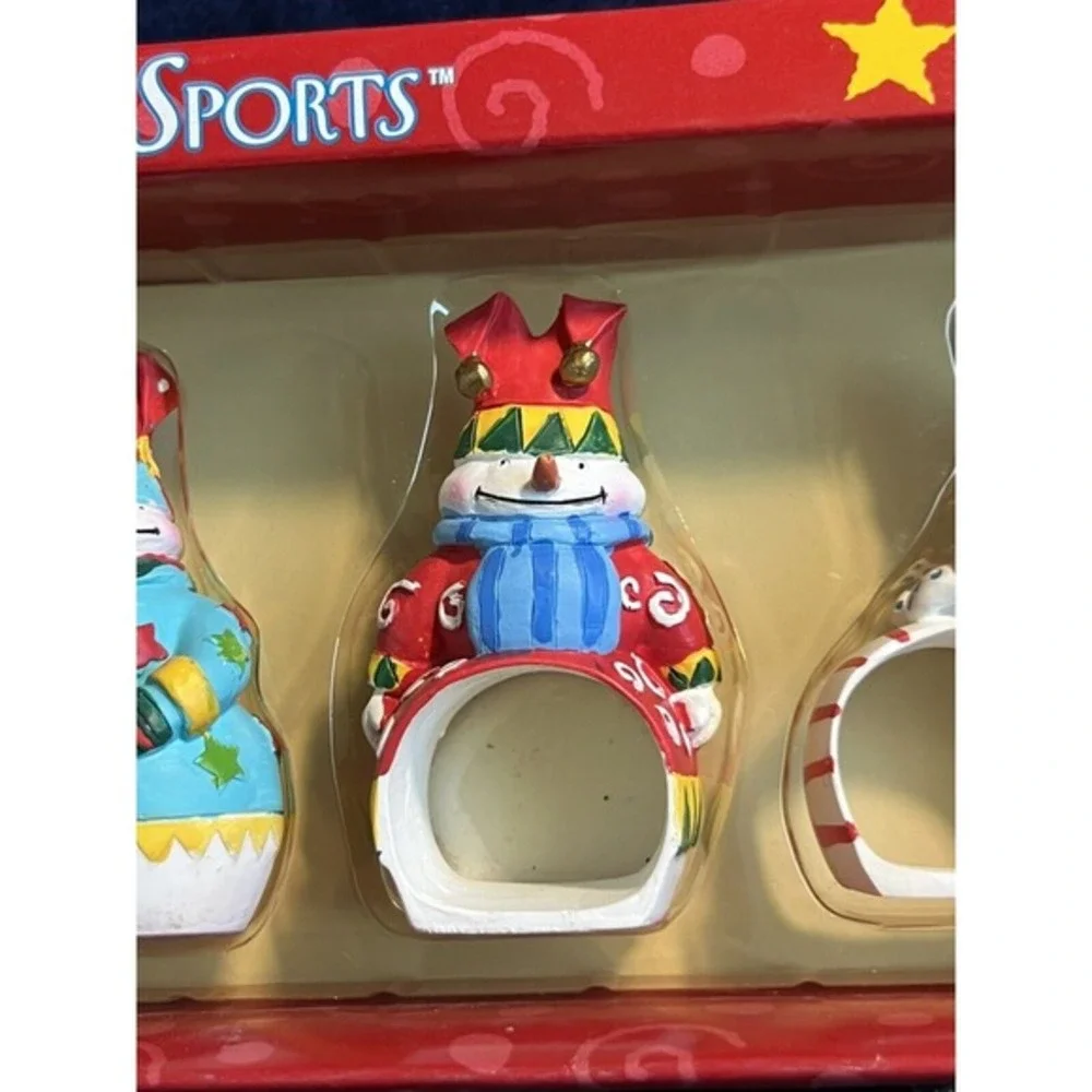 Vintage Boston Warehouse Snowman Napkin Rings Set of 4 Christmas Snow Sports Box