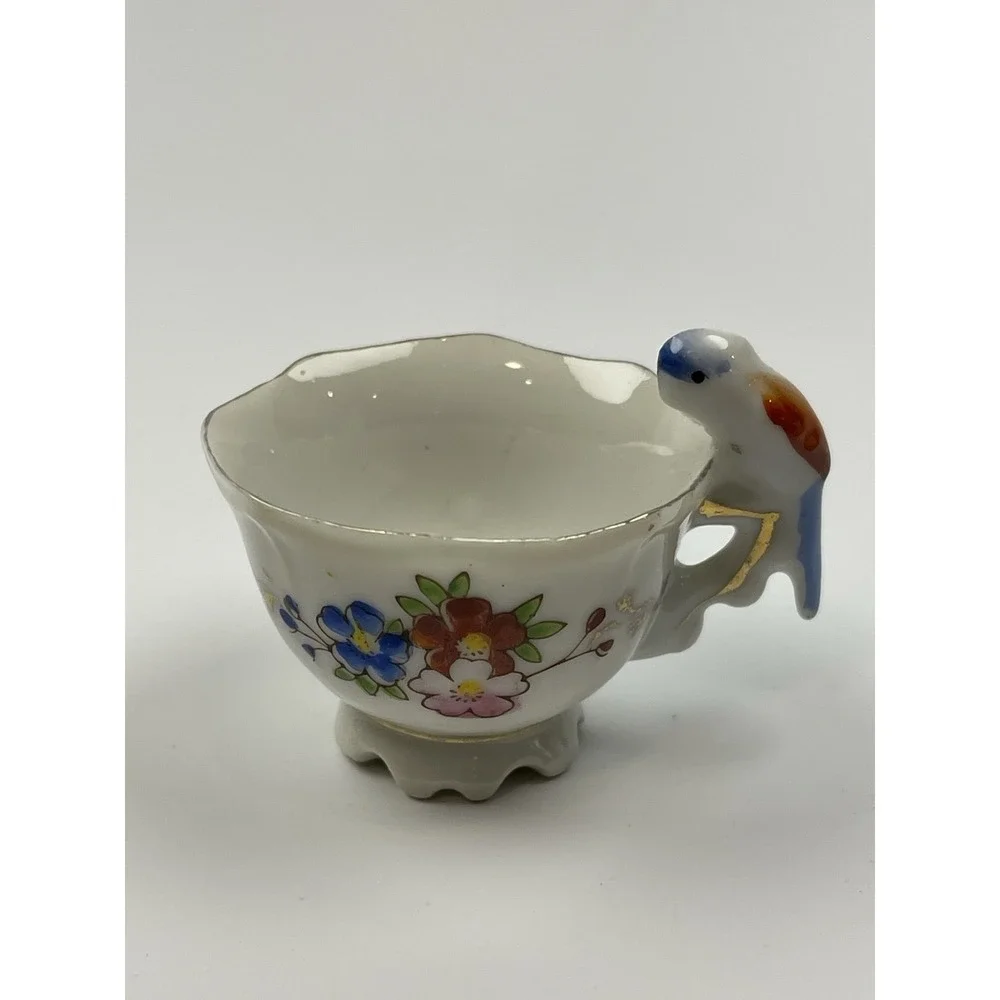 MINIATURE Teacup Colorful‎ Bird Parrot Roses Handpainted in Japan 2