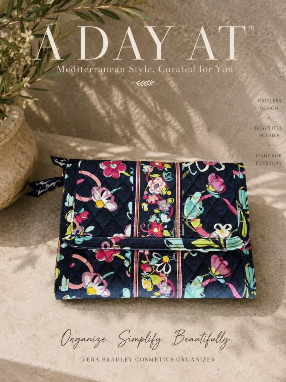 Vera Bradley Travel Cosmetic Organizer Navy Floral Quilted Makeup Case