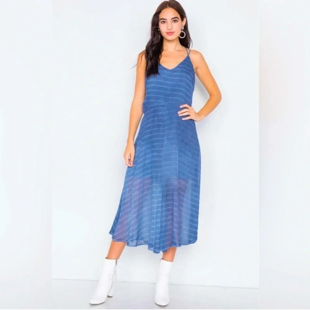 Hummingbird Indigo Blue Contrast Stripes Sheer Flare Leg Jumpsuit